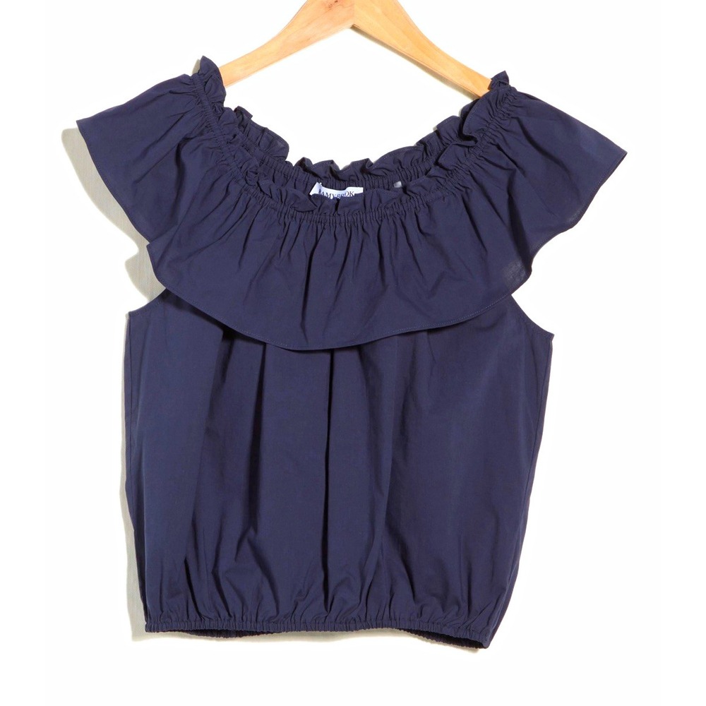 Ramy Brook NWT Malaya Top Womens L Navy Ruffle Off Shoulder Blouse Msrp$285